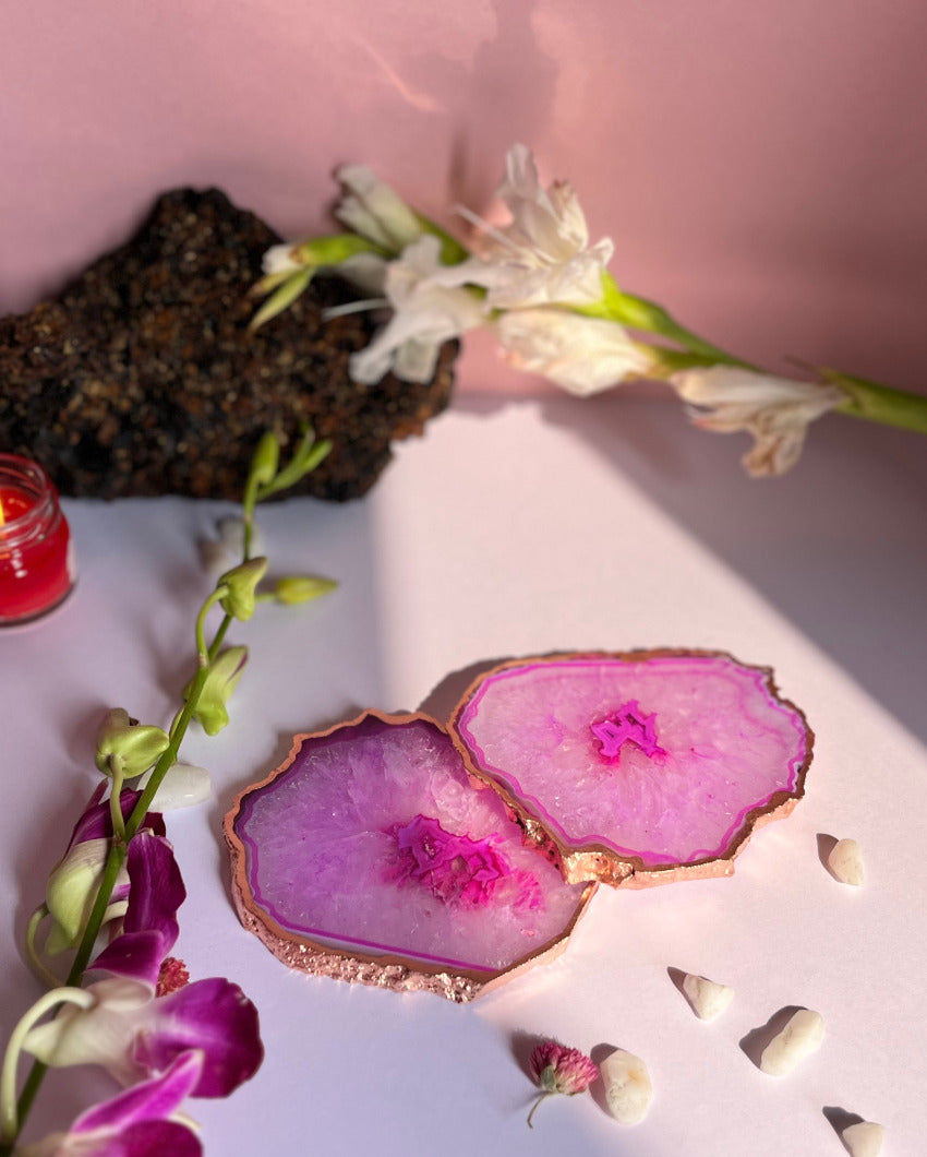 Crystal Agate Stone Coasters | Set Of 2 Pink