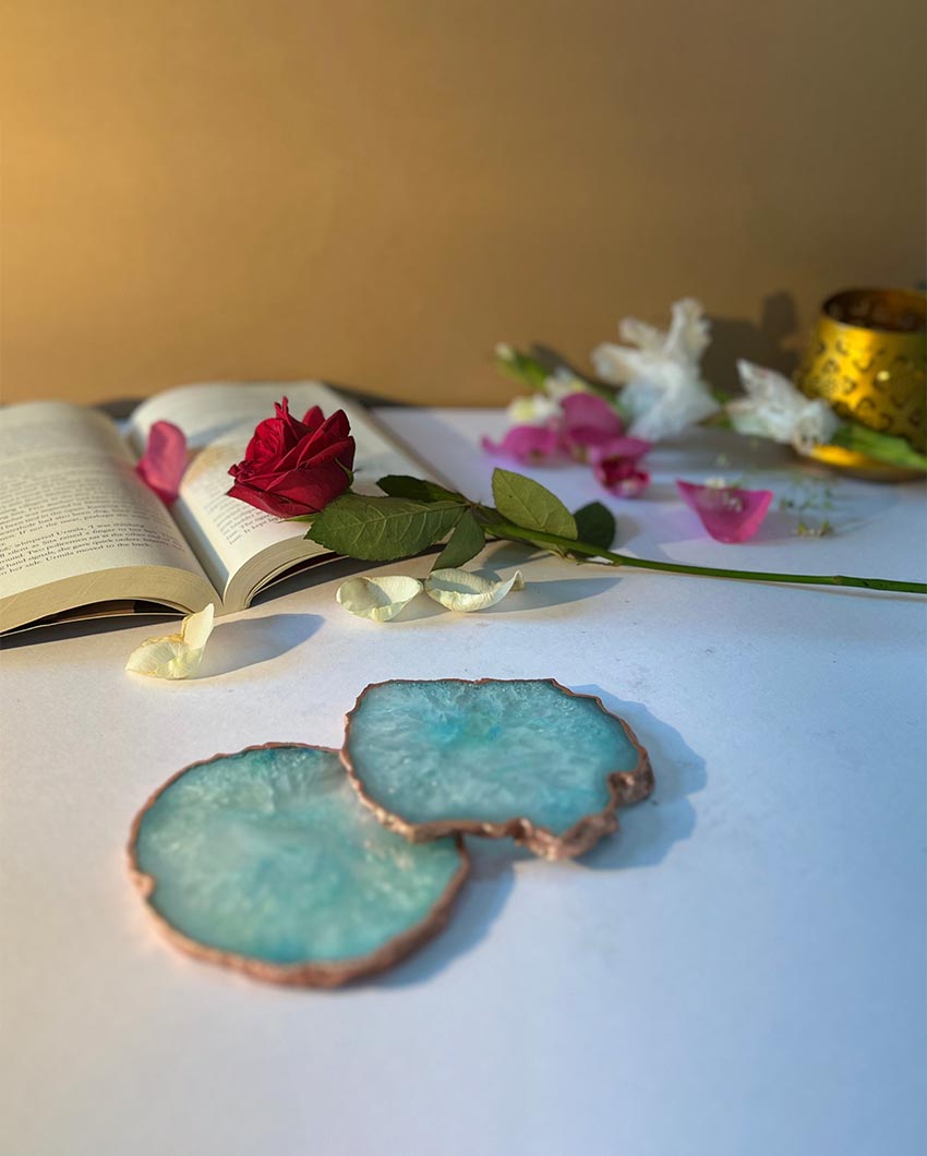 Unique Agate Turquoise Stone Rose Gold Plated Coaster | Set of 2 | 4 inches