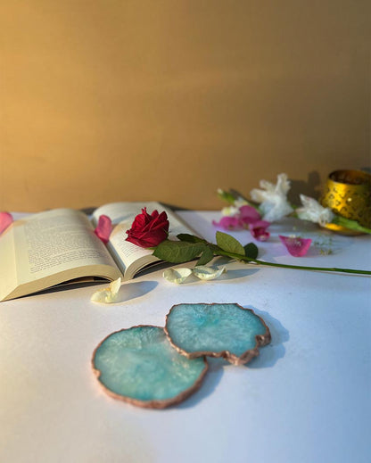 Unique Agate Turquoise Stone Rose Gold Plated Coaster | Set of 2 | 4 inches