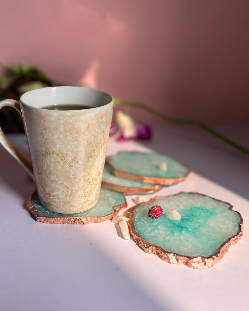 Beautiful Rose Gold Plated Crystal Agate Stone Coasters | Set Of 4 Green