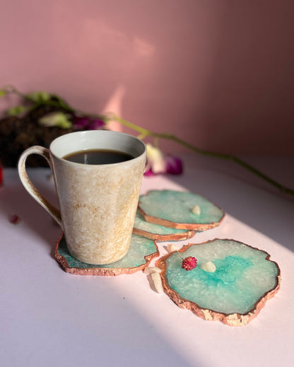 Beautiful Rose Gold Plated Crystal Agate Stone Coasters | Set Of 4 Green