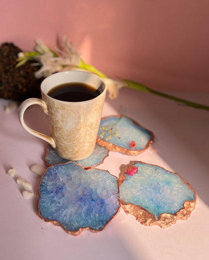 Beautiful Rose Gold Plated Crystal Agate Stone Coasters | Set Of 4 Blue
