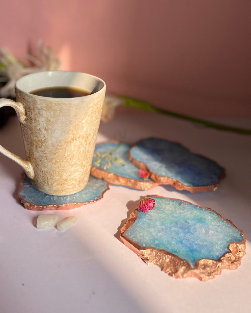 Beautiful Rose Gold Plated Crystal Agate Stone Coasters | Set Of 4 Blue
