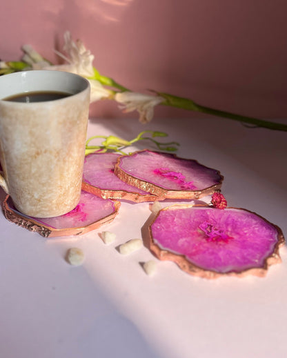 Beautiful Rose Gold Plated Crystal Agate Stone Coasters | Set Of 4 Pink