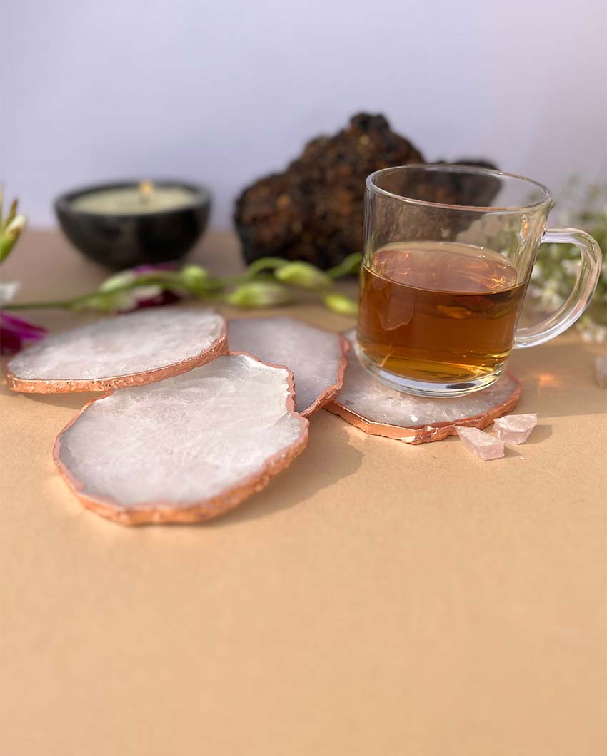 Beautiful Rose Gold Plated Crystal Agate Stone Coasters | Set Of 4 White