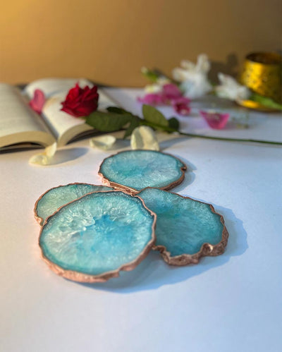 Artistic Crystal Turquoise Agate Stone Rose Gold Plated Table Coaster | Set of 4 | 4 inches