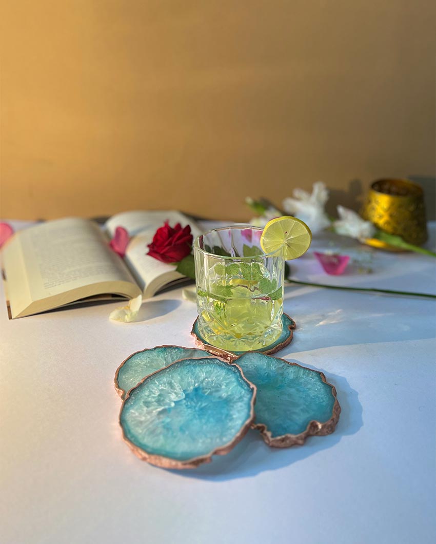 Artistic Crystal Turquoise Agate Stone Rose Gold Plated Table Coaster | Set of 4 | 4 inches