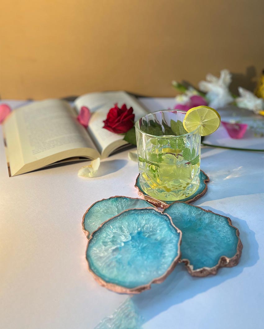 Artistic Crystal Turquoise Agate Stone Rose Gold Plated Table Coaster | Set of 4 | 4 inches