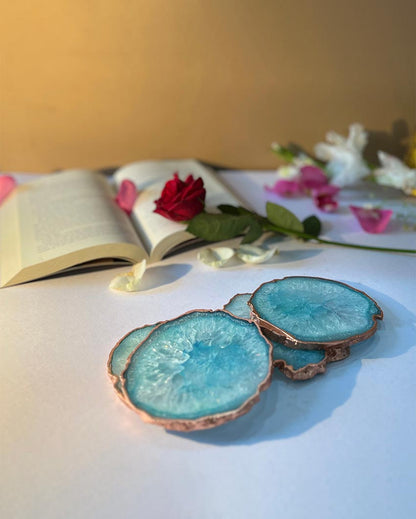 Artistic Crystal Turquoise Agate Stone Rose Gold Plated Table Coaster | Set of 4 | 4 inches