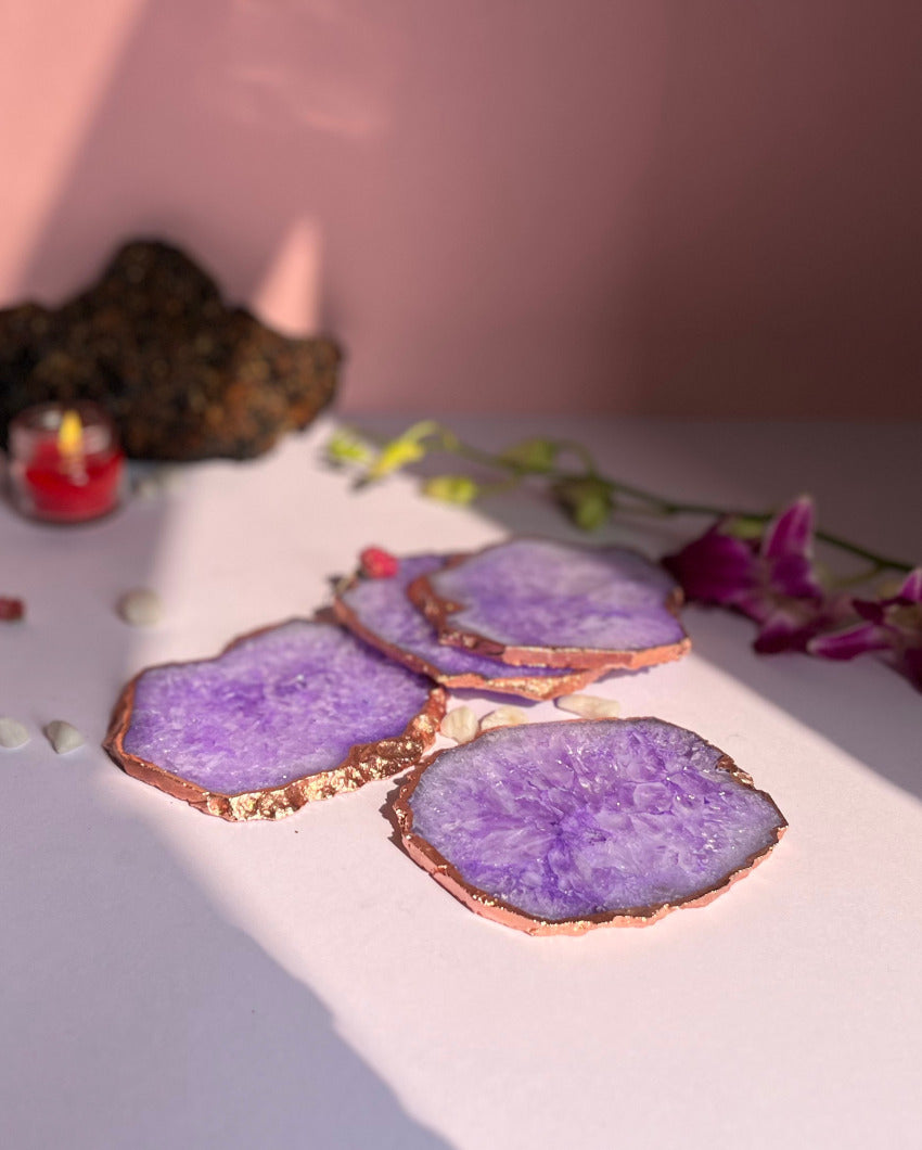 Beautiful Rose Gold Plated Crystal Agate Stone Coasters | Set Of 4 Purple