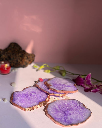 Beautiful Rose Gold Plated Crystal Agate Stone Coasters | Set Of 4 Purple