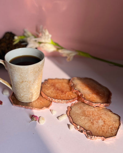 Beautiful Rose Gold Plated Crystal Agate Stone Coasters | Set Of 4 Brown