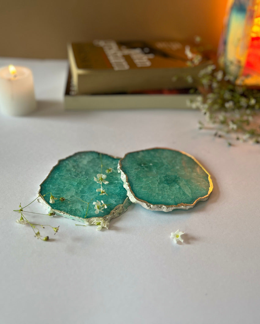 Crystal Agate Stone Silver Plated Coasters | Set Of 2 Green