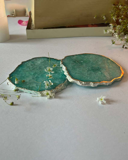 Crystal Agate Stone Silver Plated Coasters | Set Of 2 Green