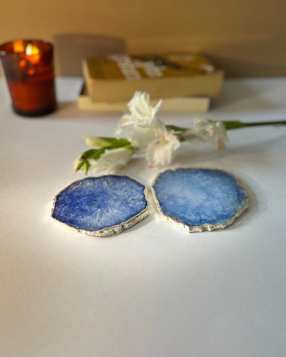 Crystal Agate Stone Silver Plated Coasters | Set Of 2 Blue