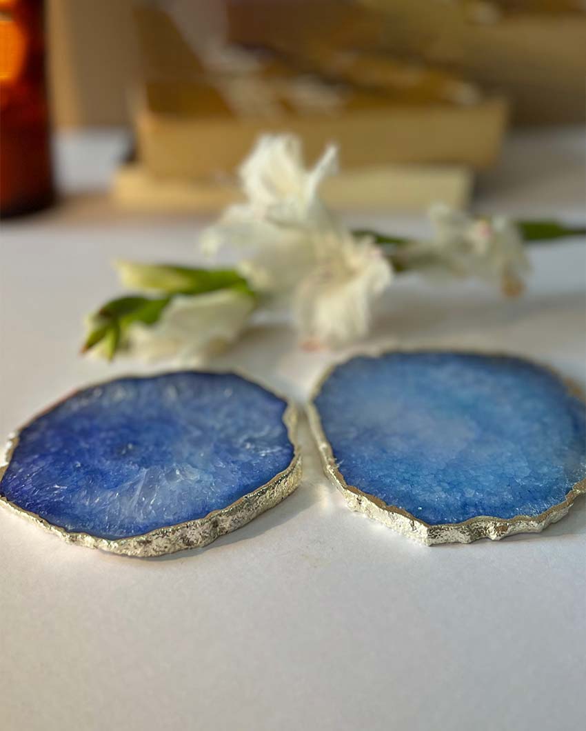 Crystal Agate Stone Silver Plated Coasters | Set Of 2 Blue