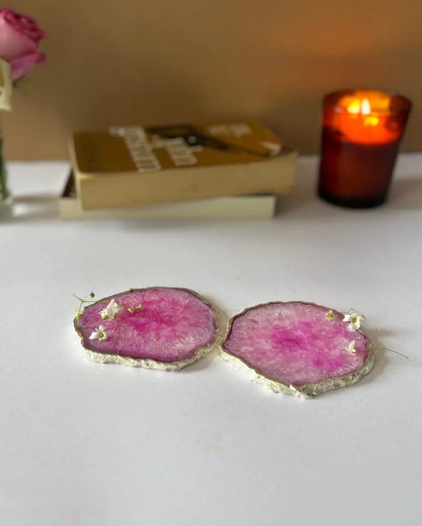 Crystal Agate Stone Silver Plated Coasters | Set Of 2 Pink