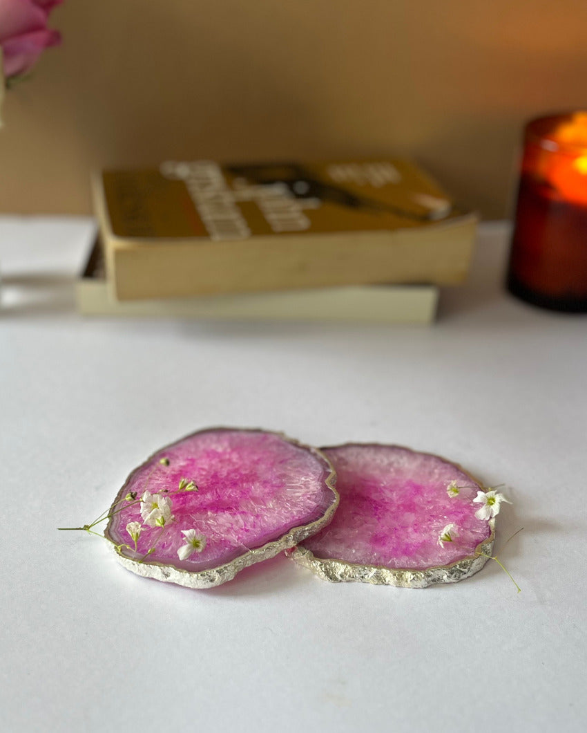 Crystal Agate Stone Silver Plated Coasters | Set Of 2 Pink