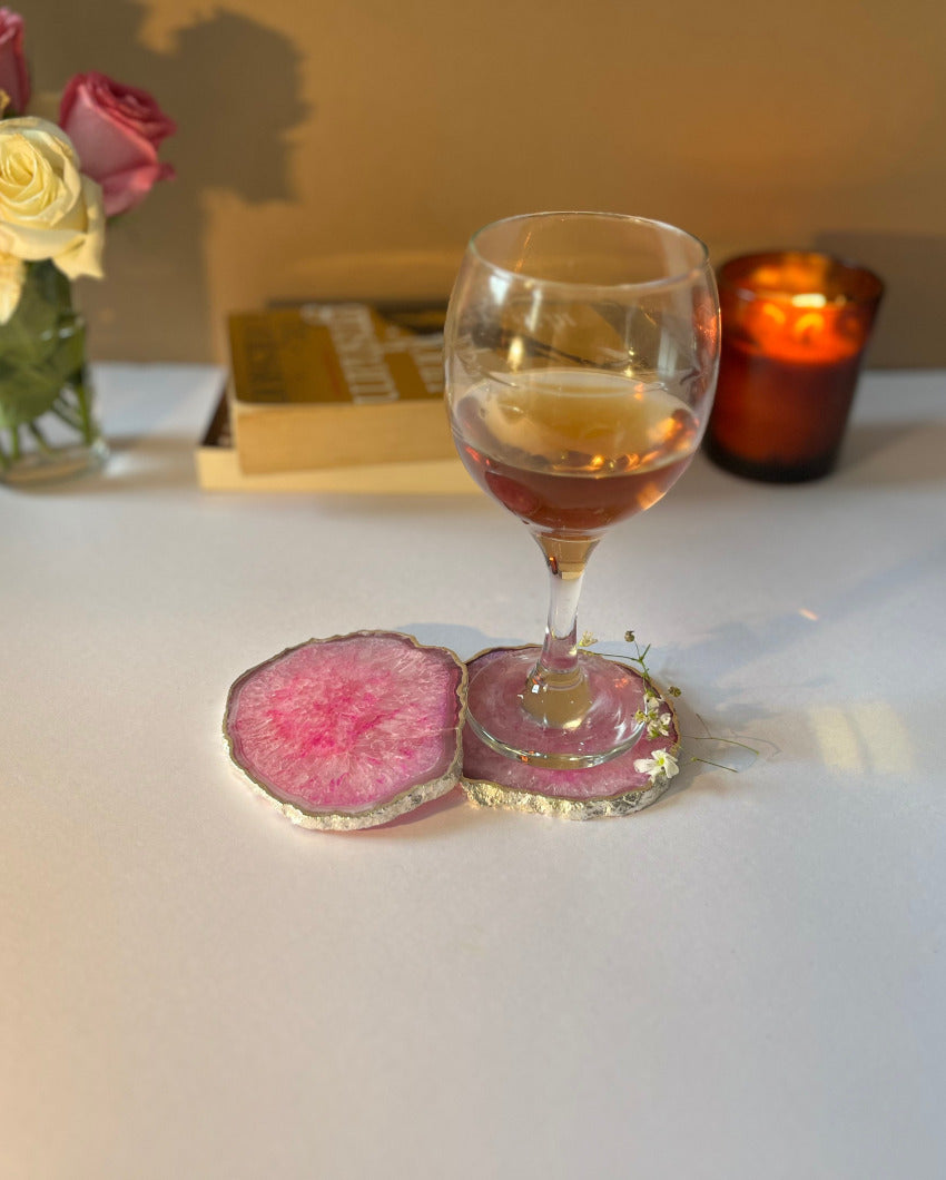 Crystal Agate Stone Silver Plated Coasters | Set Of 2 Pink