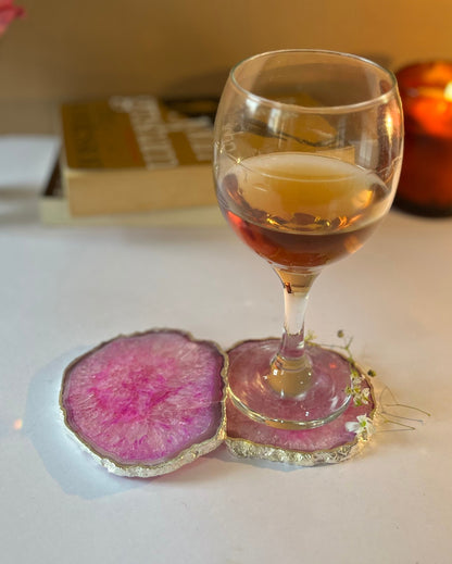 Crystal Agate Stone Silver Plated Coasters | Set Of 2 Pink