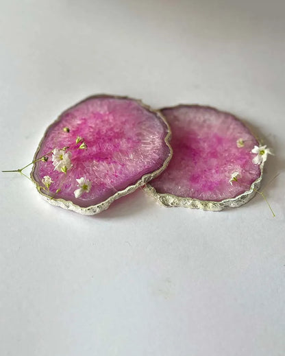 Crystal Agate Stone Silver Plated Coasters | Set Of 2 Pink