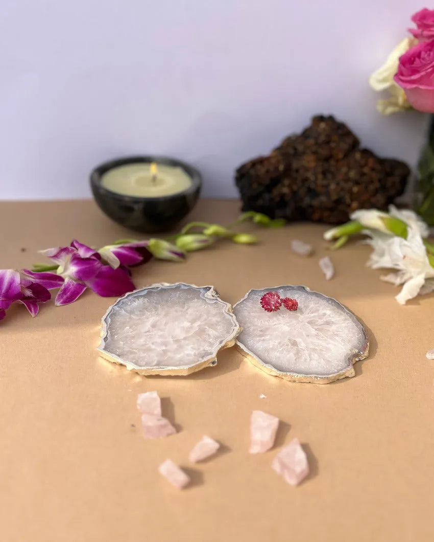 Crystal Agate Stone Silver Plated Coasters | Set Of 2 White