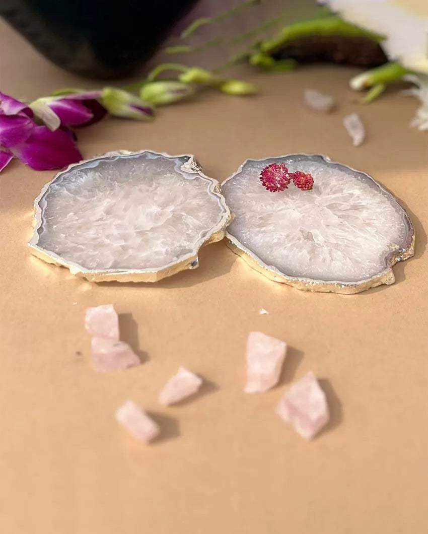 Crystal Agate Stone Silver Plated Coasters | Set Of 2 White