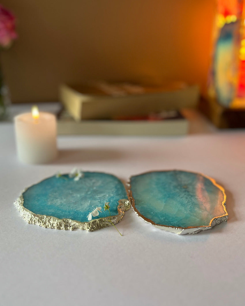 Crystal Agate Stone Silver Plated Coasters | Set Of 2 Light Blue