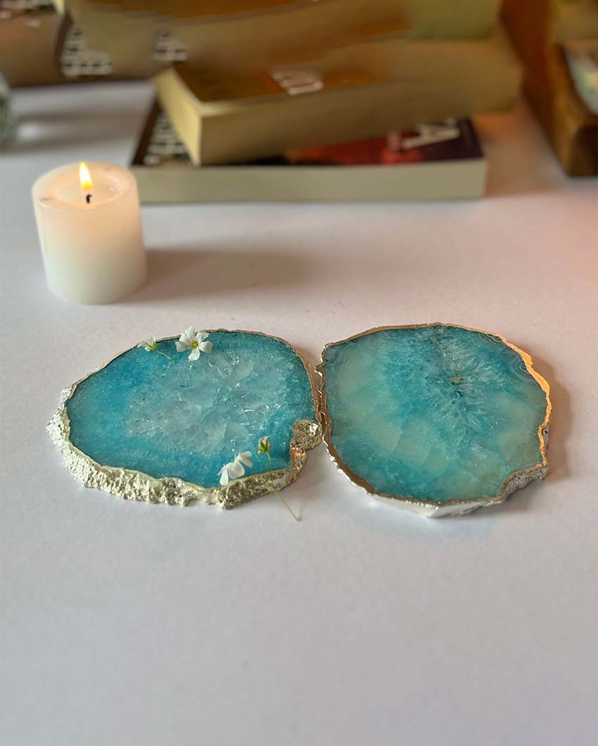 Crystal Agate Stone Silver Plated Coasters | Set Of 2 Light Blue