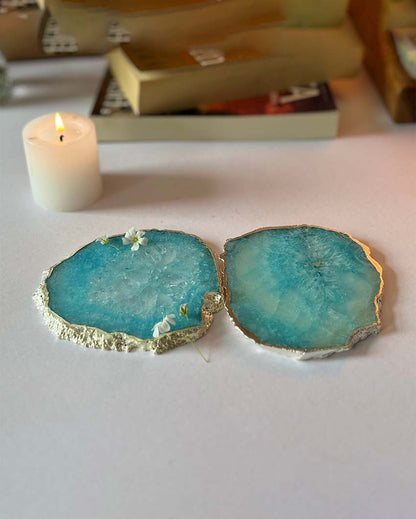 Crystal Agate Stone Silver Plated Coasters | Set Of 2 Light Blue