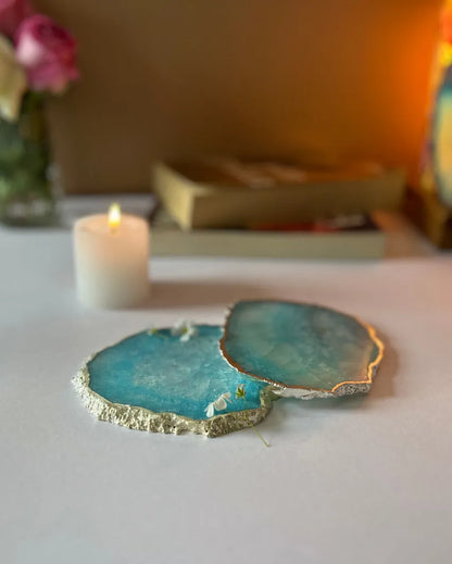 Crystal Agate Stone Silver Plated Coasters | Set Of 2 Light Blue