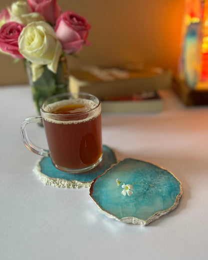 Crystal Agate Stone Silver Plated Coasters | Set Of 2 Light Blue