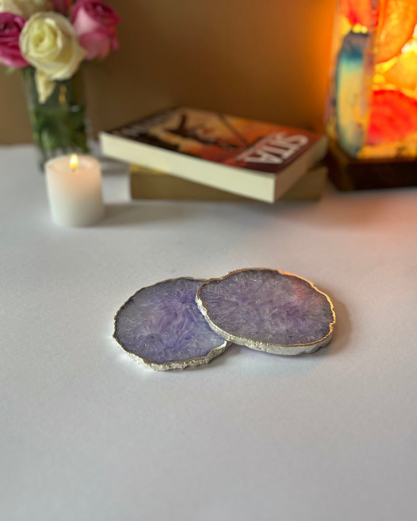 Crystal Agate Stone Silver Plated Coasters | Set Of 2 Purple