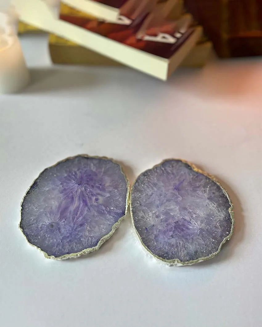 Crystal Agate Stone Silver Plated Coasters | Set Of 2 Purple