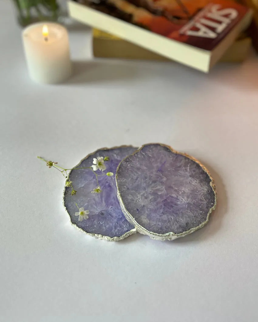 Crystal Agate Stone Silver Plated Coasters | Set Of 2 Purple