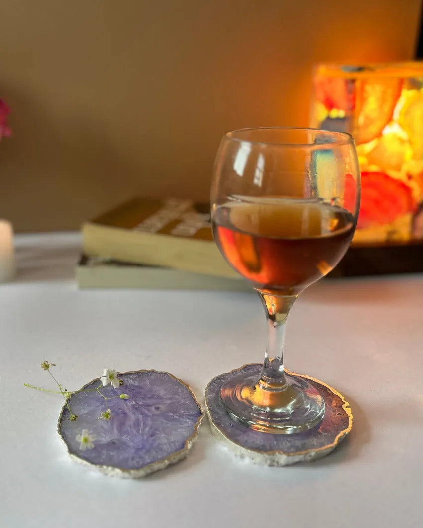 Crystal Agate Stone Silver Plated Coasters | Set Of 2 Purple