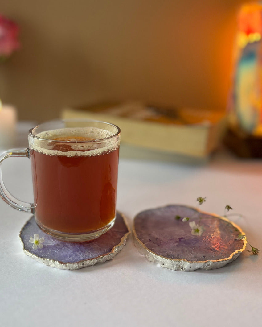 Crystal Agate Stone Silver Plated Coasters | Set Of 2 Purple