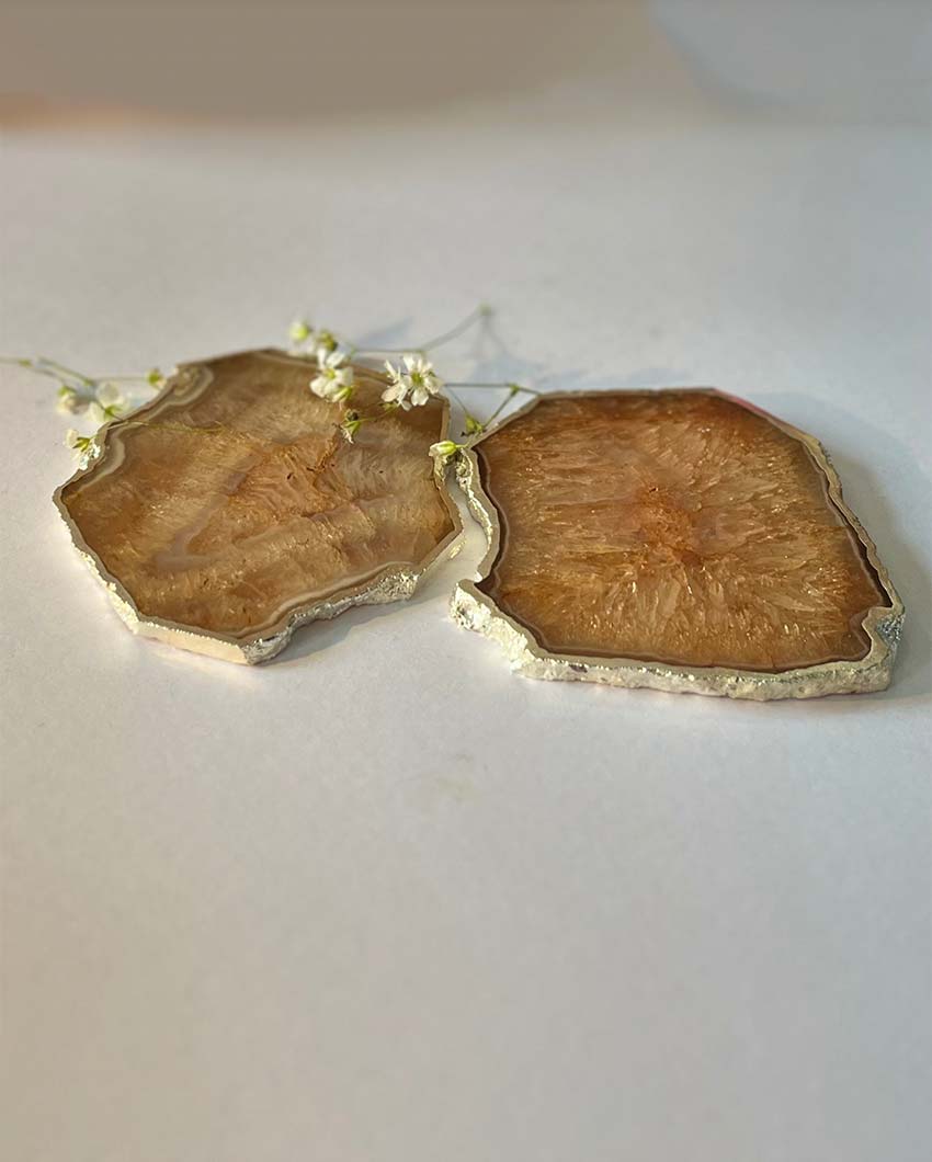 Crystal Agate Stone Silver Plated Coasters | Set Of 2 Brown