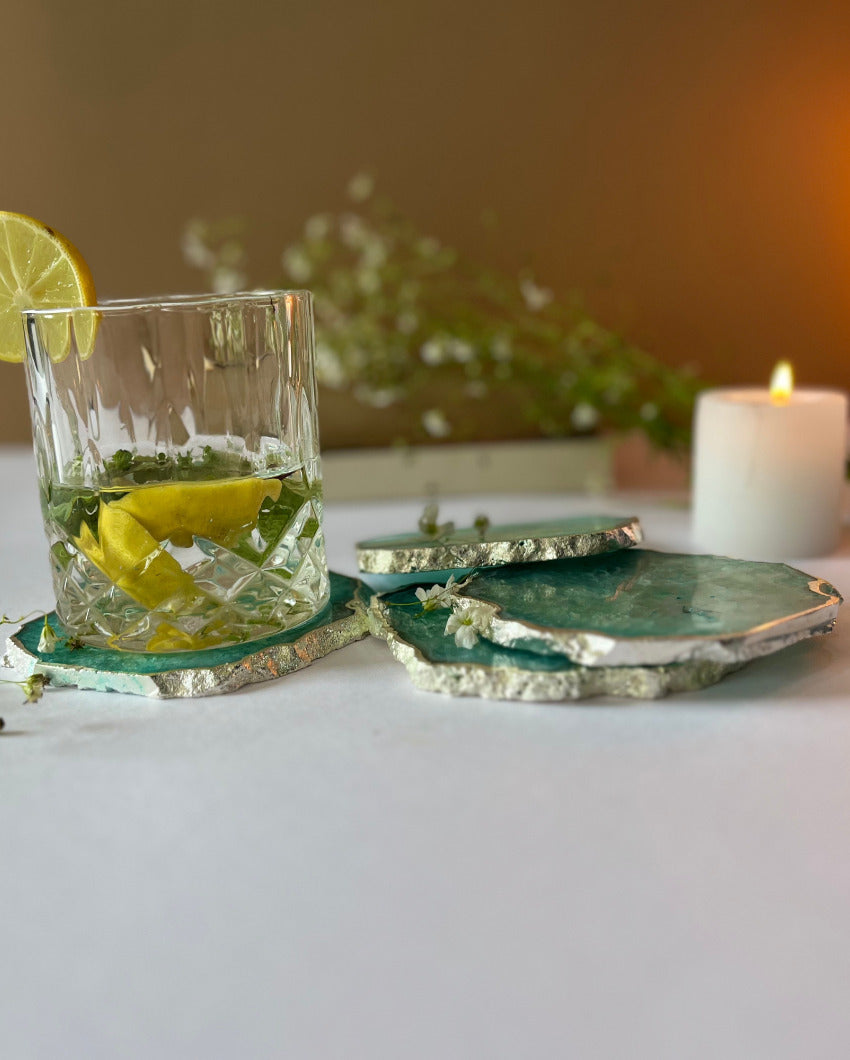 Luxurious Crystal Agate Stone Silver Plated Coasters | Set Of 4 Green