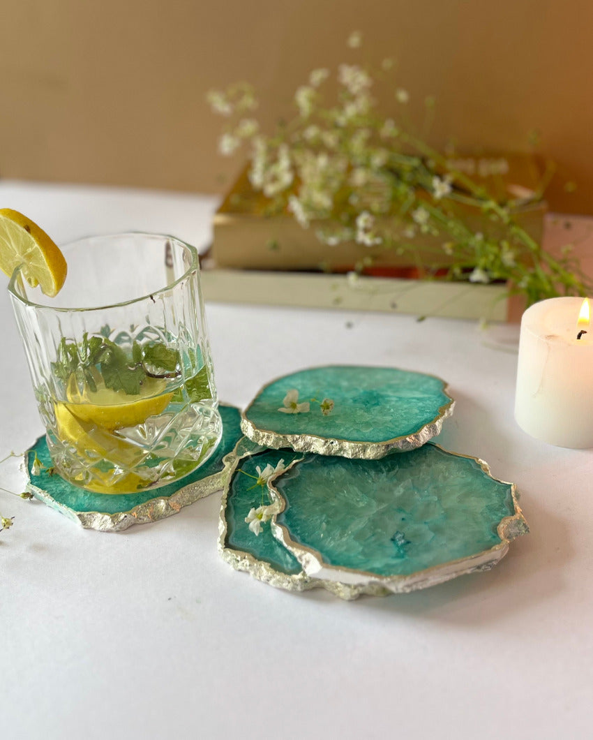 Luxurious Crystal Agate Stone Silver Plated Coasters | Set Of 4 Green