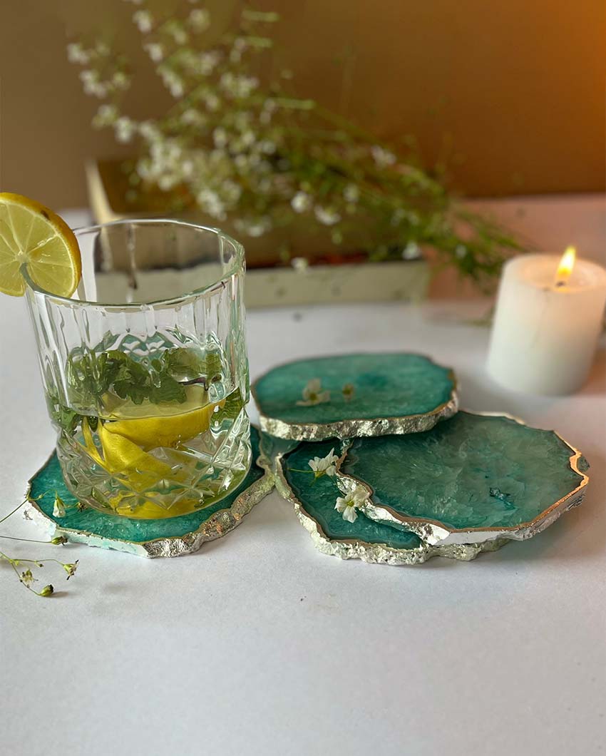 Luxurious Crystal Agate Stone Silver Plated Coasters | Set Of 4 Green