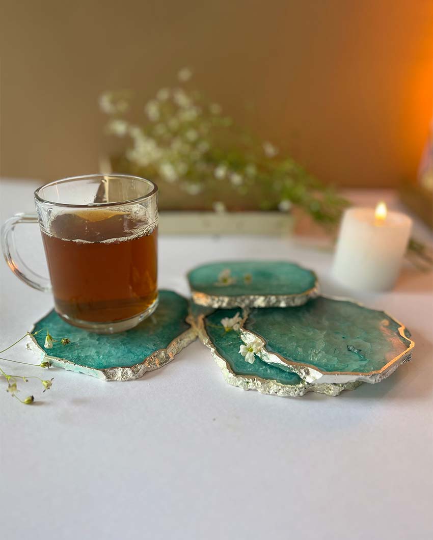 Luxurious Crystal Agate Stone Silver Plated Coasters | Set Of 4 Green