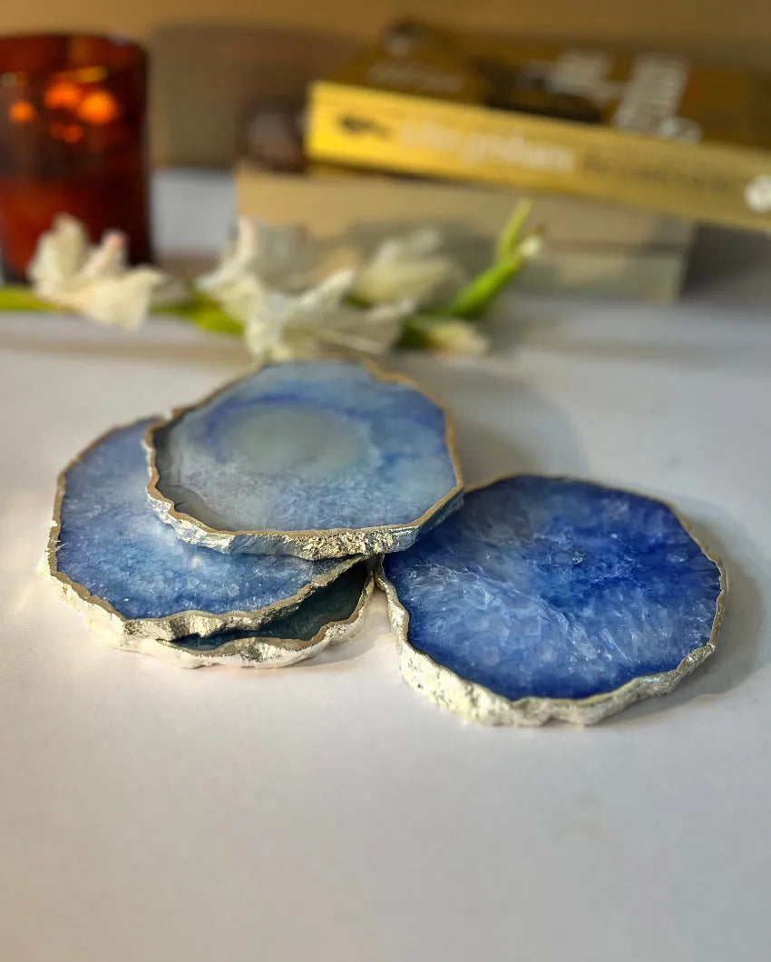 Luxurious Crystal Agate Stone Silver Plated Coasters | Set Of 4 Blue