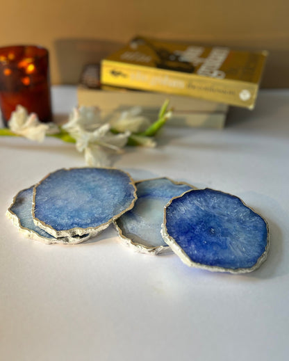 Luxurious Crystal Agate Stone Silver Plated Coasters | Set Of 4 Blue