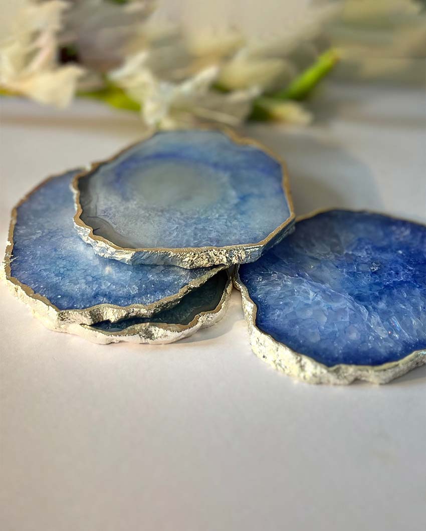 Luxurious Crystal Agate Stone Silver Plated Coasters | Set Of 4 Blue