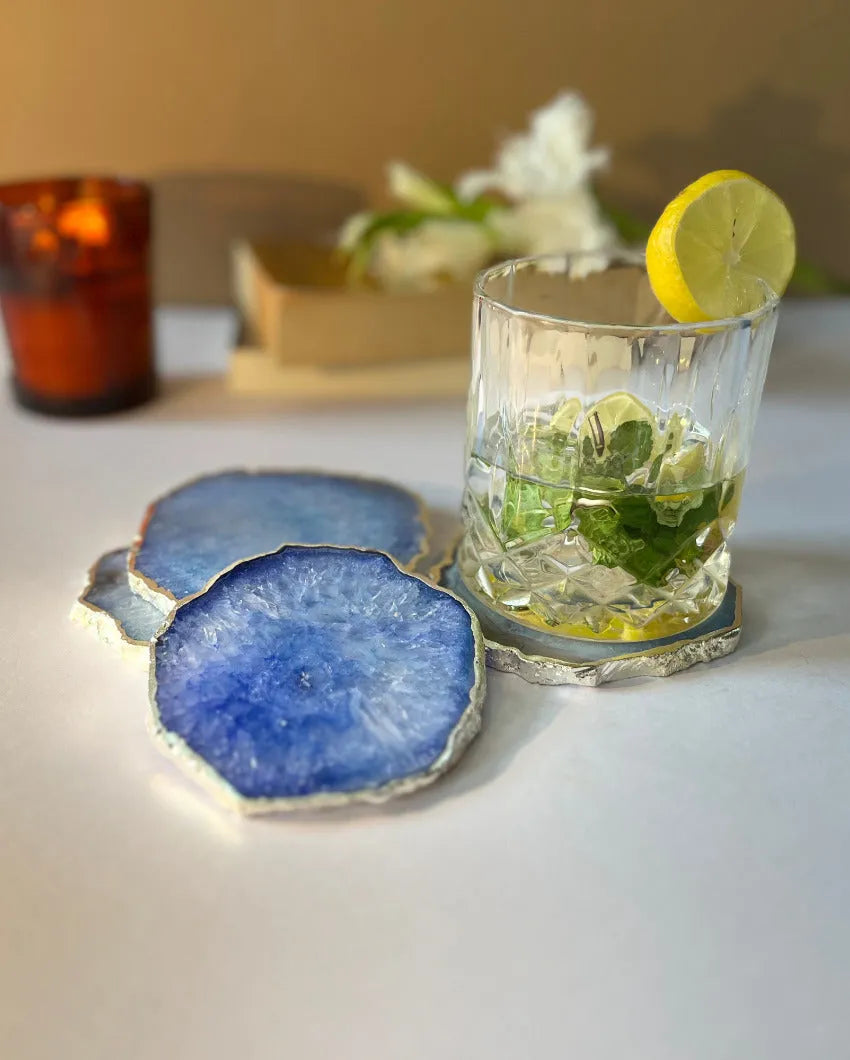 Luxurious Crystal Agate Stone Silver Plated Coasters | Set Of 4 Blue