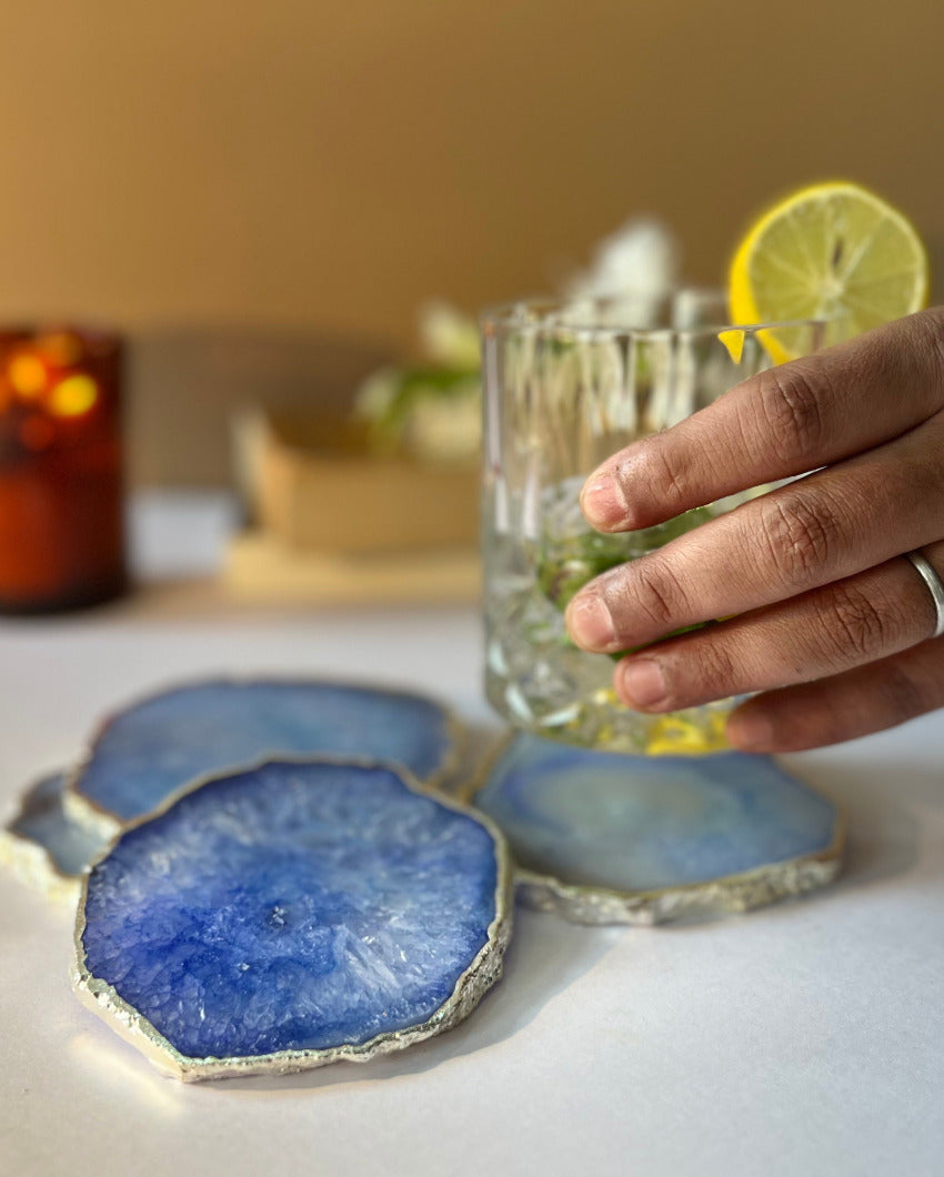 Luxurious Crystal Agate Stone Silver Plated Coasters | Set Of 4 Blue