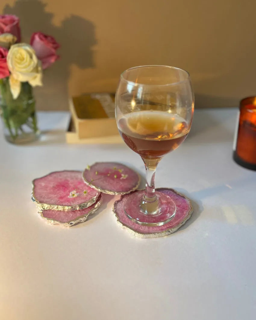 Luxurious Crystal Agate Stone Silver Plated Coasters | Set Of 4 Pink