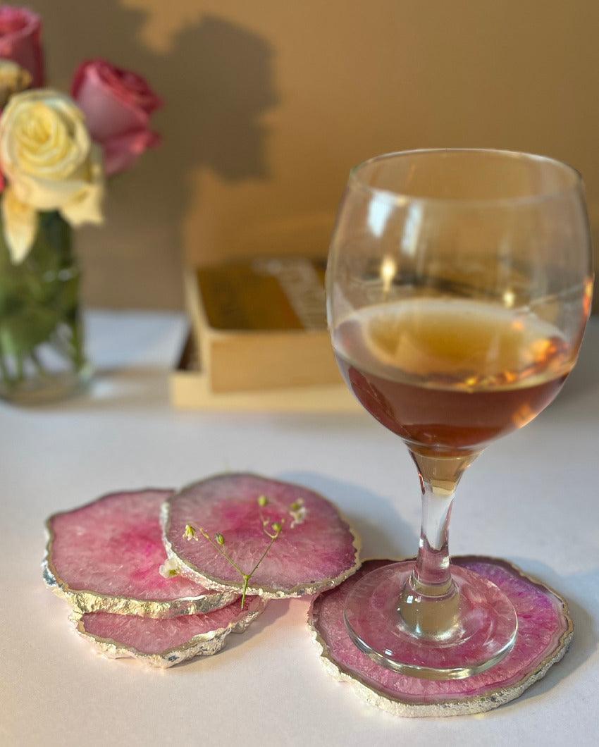 Luxurious Crystal Agate Stone Silver Plated Coasters | Set Of 4 Pink