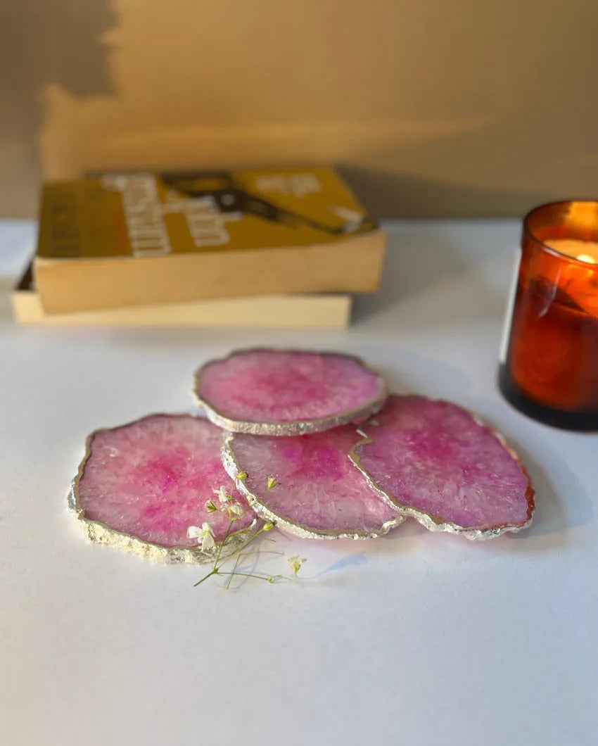 Luxurious Crystal Agate Stone Silver Plated Coasters | Set Of 4 Pink